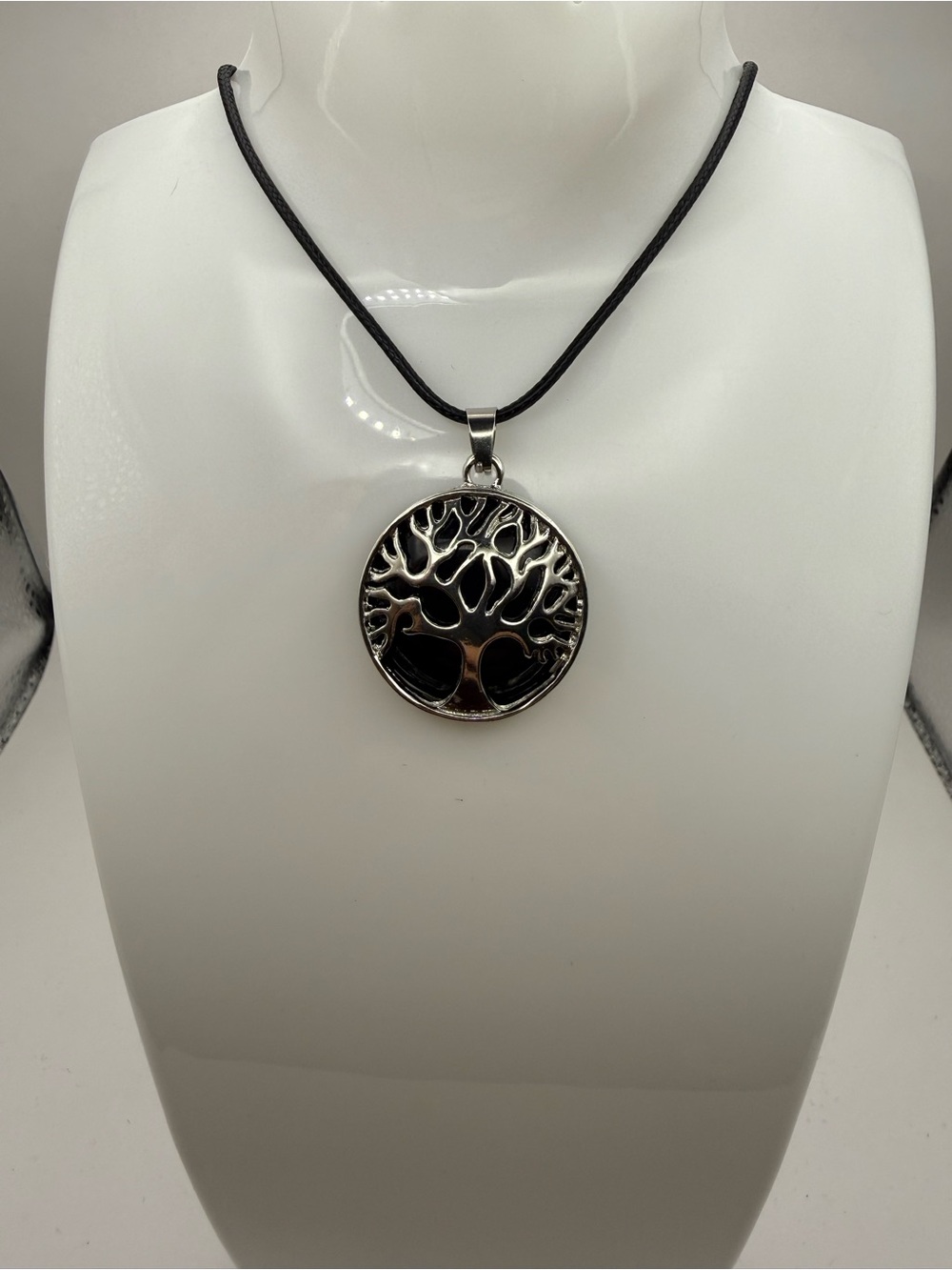 Tree of Life Pendant with Silver-Toned Alloy Bezel and Dark Stone Black Cord